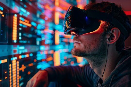 It specialist using vr headset interacting with holographic server racks in data center