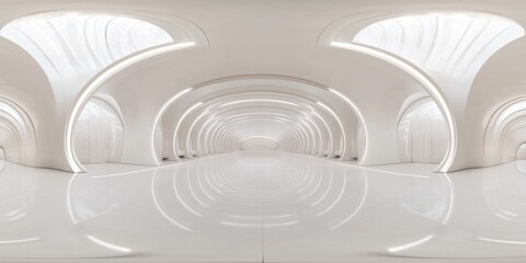 Obraz premium Futuristic white hall with arches and reflective floor.
