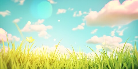 A single yellow flower blooms in vibrant green grass under a bright blue sky