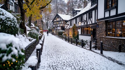 Snowy cobblestone street in a charming European village.