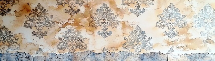 Elegant Vintage Wallpaper with Faded Patterns and Water Damage, Perfect for History or Restoration Themes in Interior Design Projects