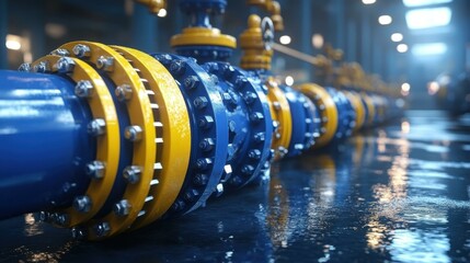 Fototapeta premium Industrial blue metal pipes with yellow flanges connected in a factory setting, conveying oil or gas, suitable for engineering projects, manufacturing, technology, with reflective wet floor and brigh