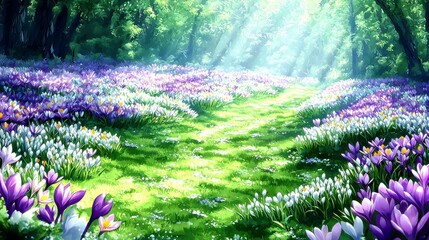 Obraz premium A Beautiful Path Through a Lush Flower Field with Colorful Blooms and Sunlight Streaming Through a Serene Forest in Springtime