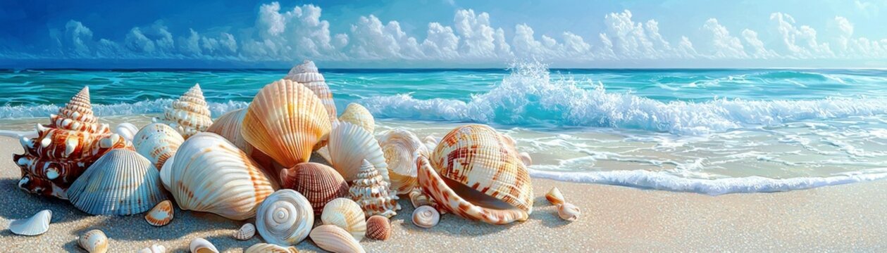 Beautiful Sea Shells on Sandy Beach Shore with Gentle Waves and Blue Sky in the Background, Capturing Natural Marine Treasures and Coastal Serenity