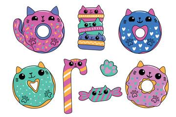 Set of cute cat donuts in kawaii style. Kittens lollypop pet paw, candy. Cartoon kids stickers