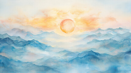 Fototapeta premium soft watercolor sunrise over rolling hills creates serene atmosphere