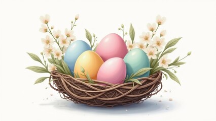 The image is a digital illustration of a nest filled with colorful Easter eggs. The nest is made of twigs and is placed on a white background.