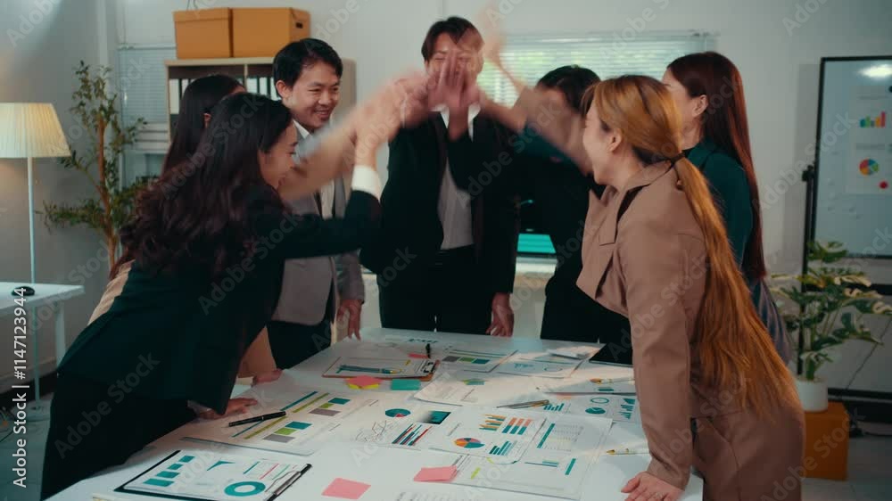 Poster diverse business team celebrates achieving goals, joining hands and clapping, demonstrating teamwork