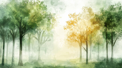 tranquil forest with soft sunlight filtering through trees, creating serene atmosphere
