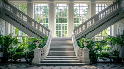 Elegant staircase with greenery in a bright atrium.