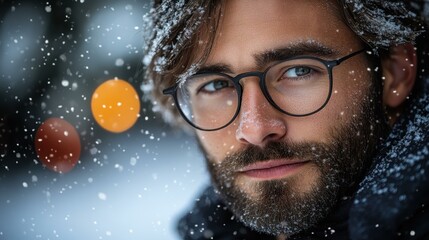 Close-up portrait of bearded man wearing glasses with serious expression in snowy winter forest, perfect for holiday season, outdoor adventure, cold weather, festive mood, nature background
