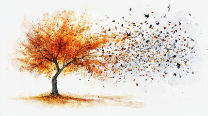 vibrant autumn tree shedding golden and crimson leaves, symbolizing change