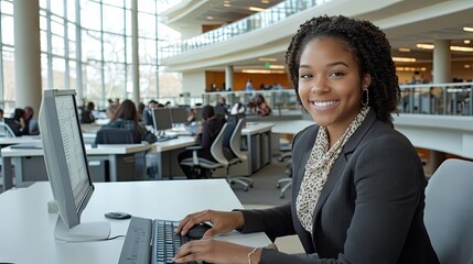 A confident woman with curly hair is focused on her computer in a bright, contemporary office. Colleagues are visible in the background, engaging in various tasks