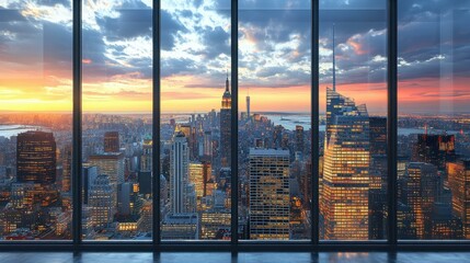 City skyline with tall glass buildings reflecting colorful sunset sky viewed through modern window frames ideal for business presentations urban development travel background evening atmosphere