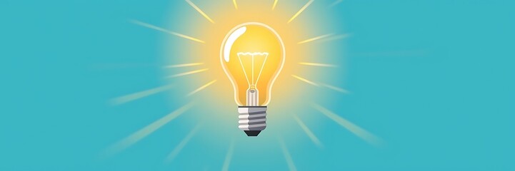 Dynamic bright glowing lightbulb, cartoon flat design on blue background, copy space
