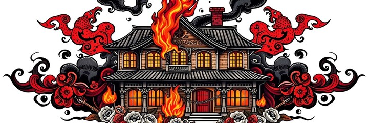 house engulfed in flames with retro flair on white background