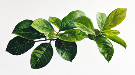 Lush green leaves on branch, showcasing detailed botanical beauty