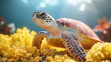 Green sea turtle with detailed shell swimming near yellow coral reef underwater, marine wildlife, ocean conservation, tropical habitat, vibrant bright colors, aquatic life photography, nature explora