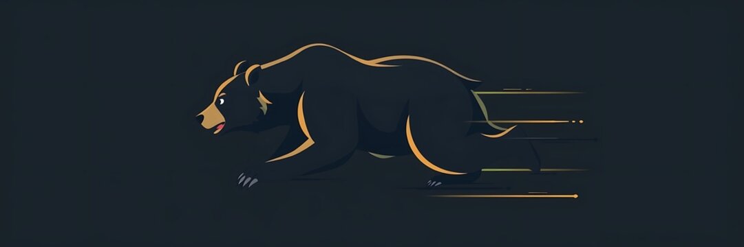 Dynamic yellow outline of bear in motion with blurred lines and flat colour on dark background