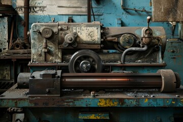 Close up of an old, rusty, and decaying industrial machine tool sitting idle in an abandoned factory