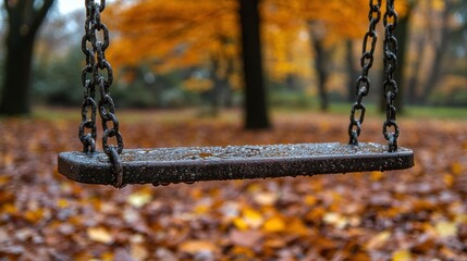 A swing in an autumn park surrounded by fallen leaves.