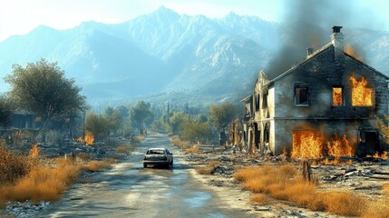 Abandoned burning house with orange flames and smoke, old car driving on cracked rural road, autumn dry grass, mountain background, disaster theme, apocalyptic atmosphere, wilderness landscape