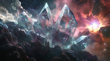 Unique Crystalline Tesseract Against a Starry Nebula with Supernova Burst: Stunning Cosmic Wallpaper Design