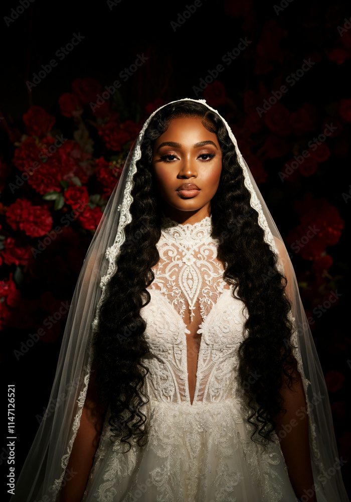 Wall mural portrait of an African american bride with a designer lace wedding dress and long wavy jet black hair