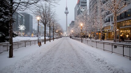 Snowy city street with distant tower.
