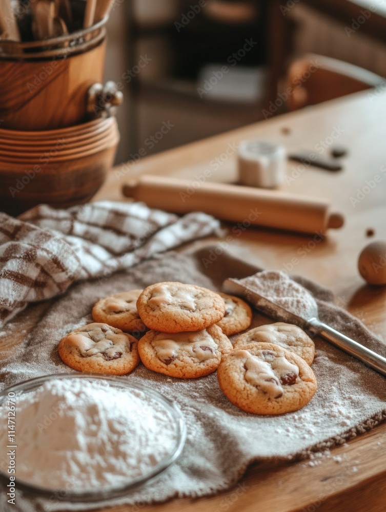 Poster Freshly baked cookies on a kitchen countertop with a rustic vibe and space for additional text. Generative AI