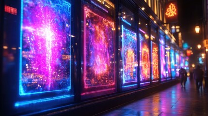 Naklejka premium Vibrant neon lit electronic billboards reflecting on wet city street at night with bokeh lights urban nightlife festive atmosphere modern technology background