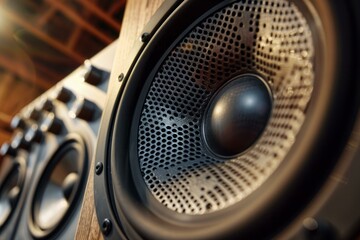 Powerful monitor speaker stands ready for mixing and mastering in a professional recording studio