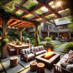 Fototapeta premium Rustic Patio with Wooden Pergola