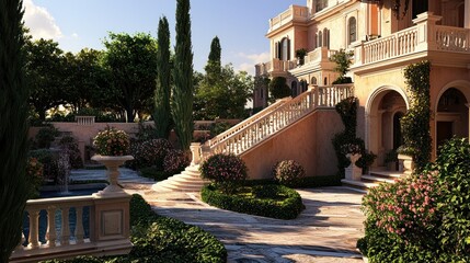Obraz premium Elegant garden with a grand staircase and lush greenery.