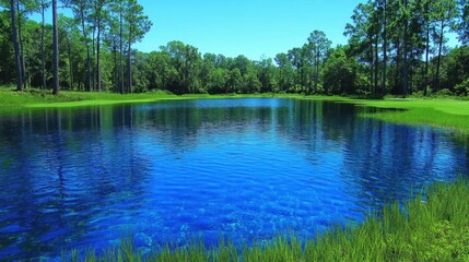 Fototapeta premium Clear blue pond water reflecting green pine trees and grass, peaceful nature scene for outdoor relaxation, summer landscape with bright sunlight, perfect for environmental and wellness themes