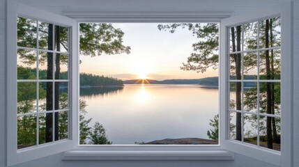 Open windows frame a stunning view of mountains and a serene lake, illuminated by the soft morning light, surrounded by vibrant trees in a tranquil environment © Viktoriia Kan