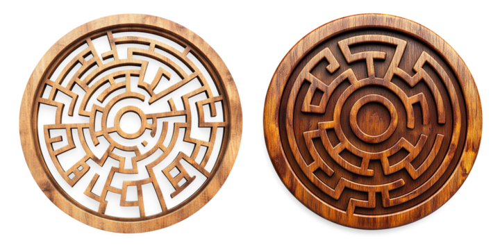 Circular Wooden Maze Puzzle with Intricate Pathways on a Transparent Background - Powered by Adobe