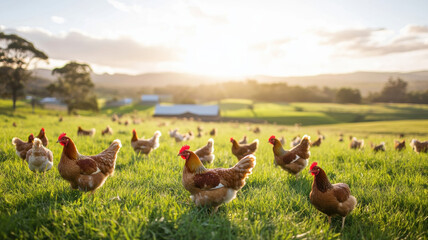 Flock of healthy free-range chickens scattered across a sunlit meadow with clear blue skies, rolling hills, and farmhouses visible in the distance. 