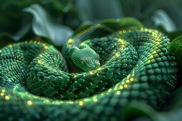 Fototapeta premium A vibrant green snake coils gently among various leaves, displaying intricate scale patterns. Sunlight filters through the foliage, adding shimmering highlights that enhance its natural beauty
