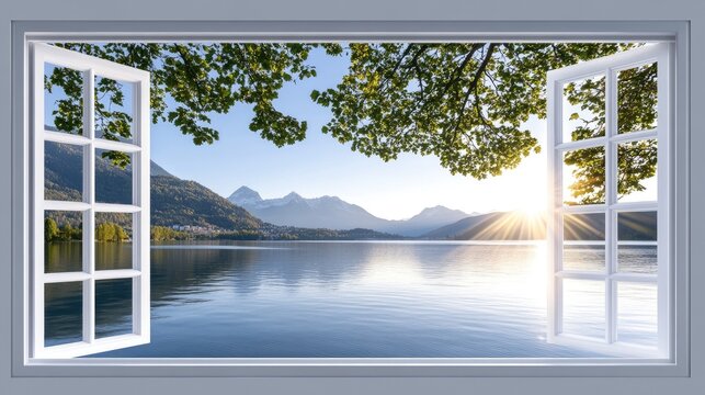 Fototapeta Open windows frame a stunning view of mountains and a serene lake, illuminated by the soft morning light, surrounded by vibrant trees in a tranquil environment.