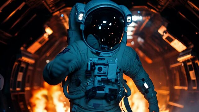 Astronaut escaping fire in spaceship like in sci-fi movie, spaceman runs inside spacecraft or space station during crash. Concept of disaster, technology, accident. Generative AI