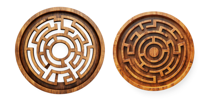 Circular Wooden Maze Puzzle with Intricate Pathways on a Transparent Background