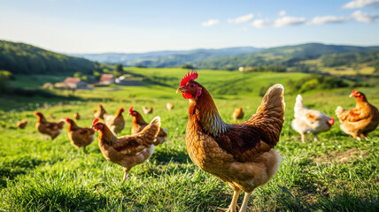 Fototapeta premium Flock of healthy free-range chickens scattered across a sunlit meadow with clear blue skies, rolling hills, and farmhouses visible in the distance. 