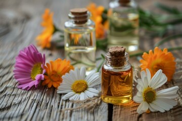 Glass bottles of essential oils sit among colorful flowers on a rustic wooden surface, creating a natural and calming scene