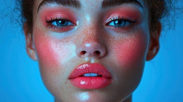 Freckle pen Ethereal makeup Liquid blush Lip mask Douyin Skin flooding Glowday Glow recipe Beauty pie Freck Close-up portrait of young woman with glowing and colorful fashion shoot for cosmetics adve