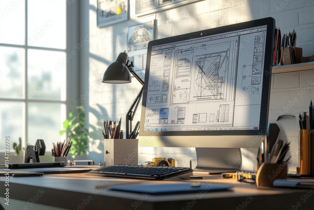 Poster modern engineering desk with computer displaying technical drawings and ample workspace during dayli