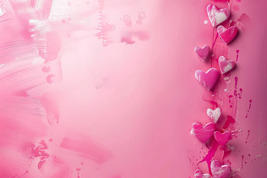 Pink background with a row of hearts on it. The hearts are arranged in a row, with some overlapping and some standing alone. The overall effect is a romantic and whimsical scene