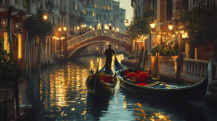 Romantic gondola ride on a venetian canal, soft glow of lanterns illuminating the evening ambiance. venetian gondola ride. illustration. Venetian. Illustration