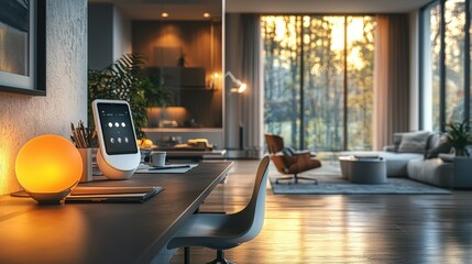 Sleek home office features AI assistant for efficient scheduling and reminders