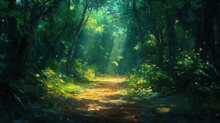 Obraz premium Lush forest path illuminated by sunlight.